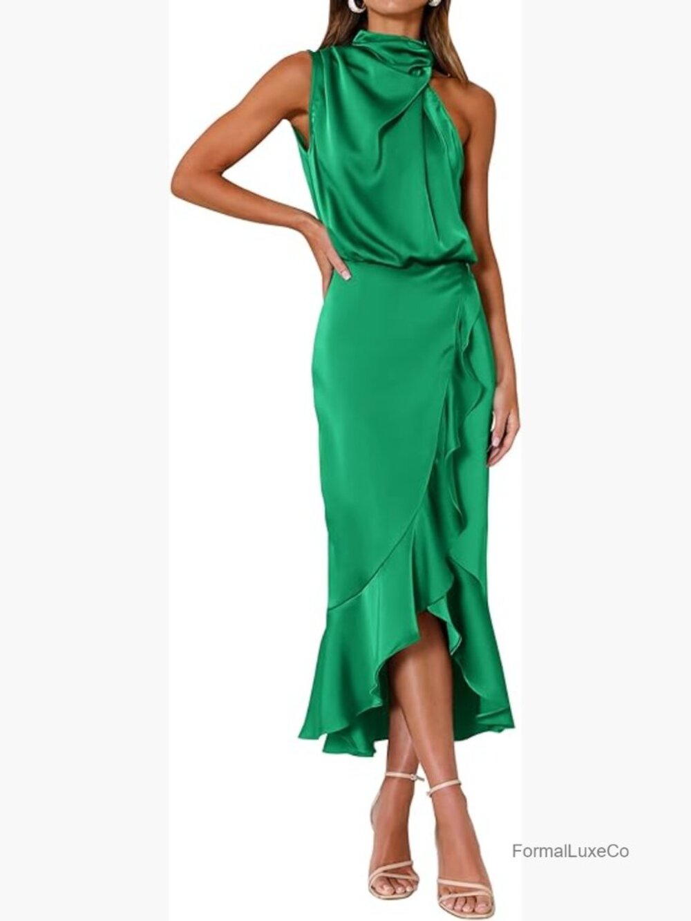 Mock Neck Satin Wrap Midi Dress Sleeveless Ruffle Formal Party
